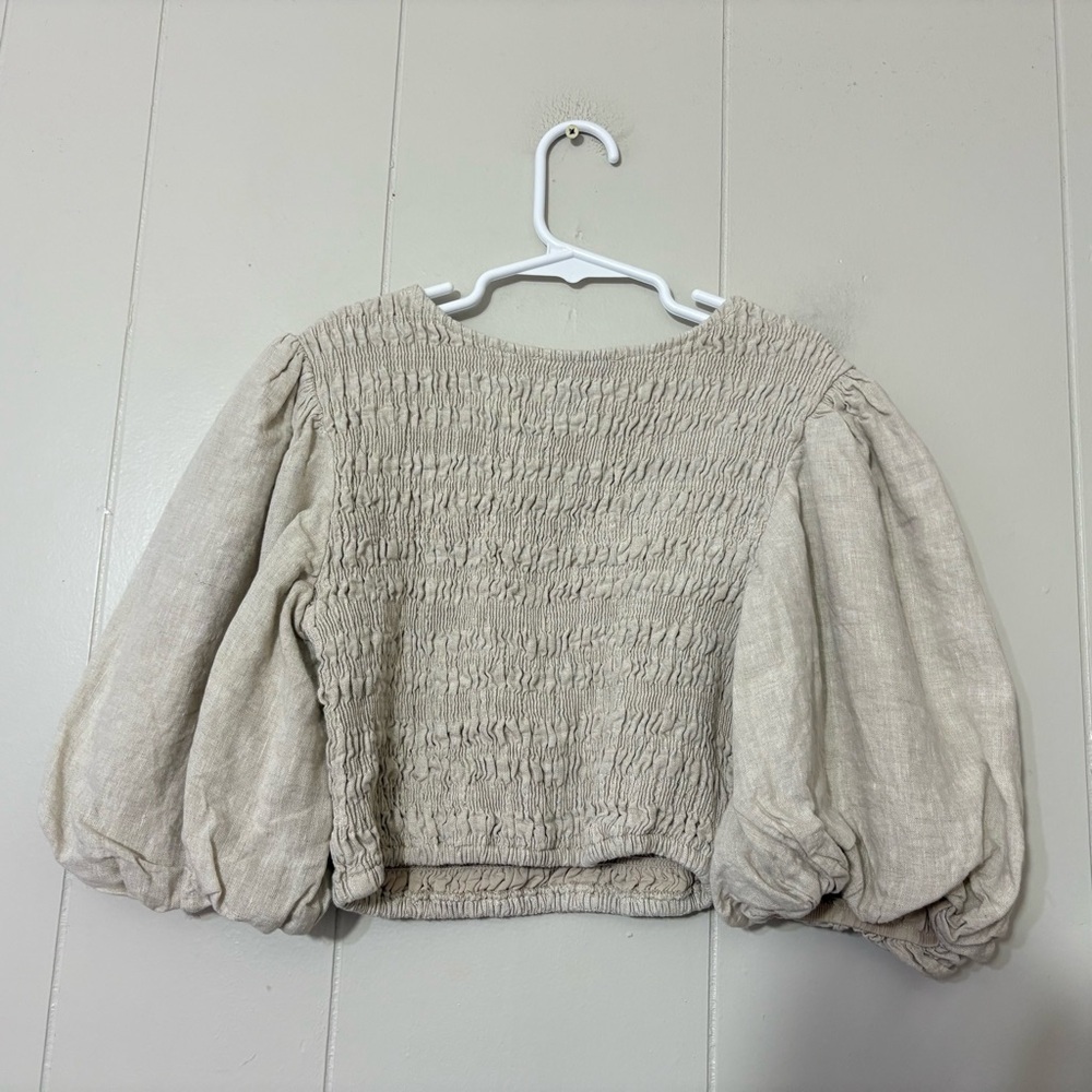 DISSH Frankie Natural Linen Shirred Crop Top Puff Sleeves Size 2 - Picture 5 of 7